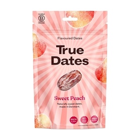 True Dates Sweet Peach Flavoured Dates in pink resealable pouch with peach illustration, made in Denmark