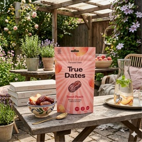 True Dates Sweet Peach flavoured dates in resealable pouch, styled on an outdoor garden table with a bowl of dates and drinks