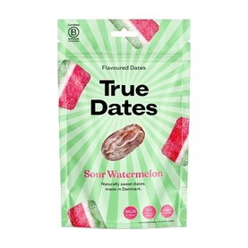 True Dates Sour Watermelon Flavoured Dates in green resealable pouch with watermelon slice imagery