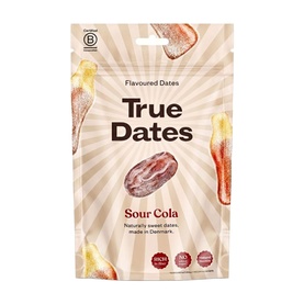 True Dates Sour Cola Flavoured Dates in beige resealable pouch with illustrated cola bottle and date graphics on packaging.