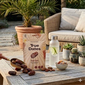 True Dates Sour Cola Flavoured Dates pouch on outdoor table styled with loose dates, water bottle, and succulents
