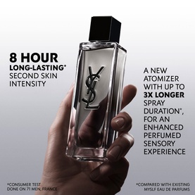 YSL Myslf Intense Eau de Toilette bottle held in hand, clear glass flacon with black cap and silver YSL logo