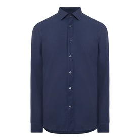 Zegna Cashco Casual Shirt in navy blue, semi-spread collar, front button fastening, long sleeves, curved hem, lightweight cotton-cashmere blend