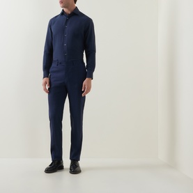 Model wearing Zegna Cashco Casual Shirt in navy blue with matching navy trousers and black leather shoes.