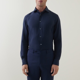 Model wearing Zegna Cashco Casual Shirt in navy blue, semi-spread collar, long sleeves, styled with matching navy trousers
