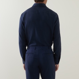 Model wearing Zegna Cashco Casual Shirt in navy blue, back view, styled with matching navy trousers. Long sleeves, buttoned cuffs, curved hem.