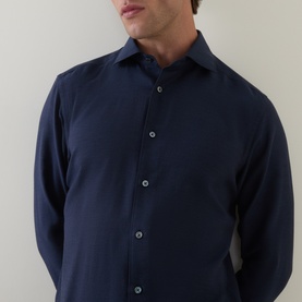 Model wearing Zegna Cashco Casual Shirt in navy blue, showing semi-spread collar, front button fastening and long sleeves