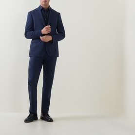 Model wearing Zegna Cashco Casual Shirt in navy blue, styled with a matching navy suit and black leather shoes.