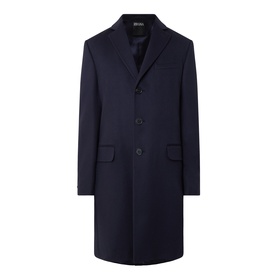 Zegna navy blue wool cashmere coat with notch lapels, single-breasted button fastening and flap pockets