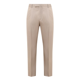Zegna Formal Slim-Leg Trousers in light taupe, mid-rise with pressed creases, belt loops, and clean hems. 57% cotton, 43% wool.