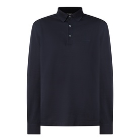 Zegna navy long-sleeve cotton polo shirt with three-button placket and embroidered logo chest detail