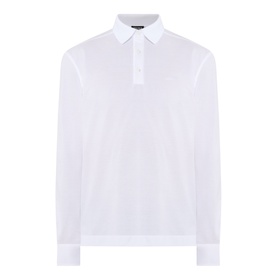 Zegna white long-sleeve cotton polo shirt with classic collar and three-button placket, laid flat on white background.