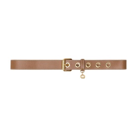 Maje brown leather belt with gold-tone square buckle, eyelet detail, and hanging charm pendant