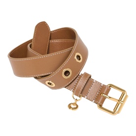 Maje brown leather belt with gold-tone buckle, eyelet detailing, contrast stitching, and small ring charm pendant.