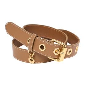 Maje brown leather belt with gold-tone buckle, eyelet detail, and hanging charm accents, white contrast stitching