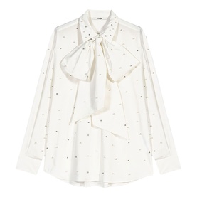 Maje metallic white long-sleeve blouse with pussy-bow tie neck and scattered crystal embellishments throughout