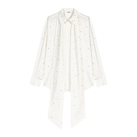 Maje metallic white sheer blouse with scattered embellishments, long sleeves, and draped bow neck tie detail