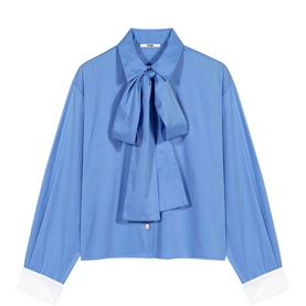 Blue long-sleeve shirt with oversized pussy-bow tie and contrast white cuffs, button-front fastening