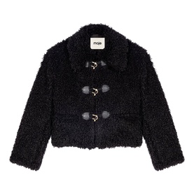 Maje red shearling cropped jacket with gold toggle fastenings and spread collar, no model