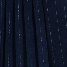 Maje Womens French Dress in navy blue pleated fabric with fine silver pinstripe detail, close-up texture shot