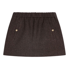 Maje dark brown herringbone mini skirt with elasticated waist and gold-button patch pockets