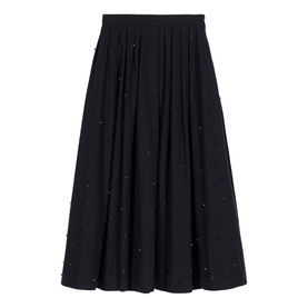 Maje Womens French Dress in red, full midi skirt with pleated silhouette and scattered embellishment detail