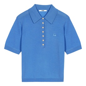 Maje blue knit polo top with short sleeves, gold buttons, and embroidered logo detail at chest