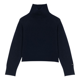 Maje navy ribbed knit turtleneck sweater with long sleeves and cropped length, small logo detail at cuff