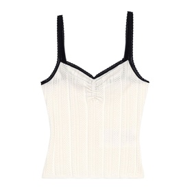 Maje metallic knit cami top with black contrast trim straps and sweetheart neckline, ribbed texture
