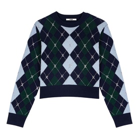 Maje black argyle knit cropped jumper with navy, green and pale blue diamond pattern and ribbed cuffs and hem