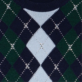 Maje black argyle knit jumper with navy, green and pale blue diamond pattern and silver stud embellishments at intersections