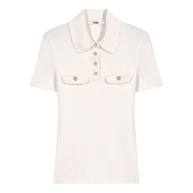 Maje cream short-sleeve polo top with oversized collar, gold-tone buttons, and twin chest pockets