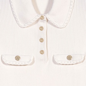 Maje metallic ribbed knit top with scalloped Peter Pan collar, gold-tone buttons, and chest flap pockets