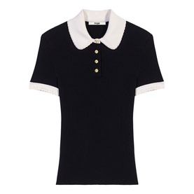 Maje red knit polo top with contrast cream collar, short sleeves, and gold button placket detail