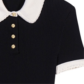 Maje red ribbed knit top with white contrast Peter Pan collar, gold buttons, and short sleeves with lace trim detail