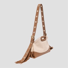 Maje bag in cream and tan with gold-tone eyelet strap, fringe detail, and structured base