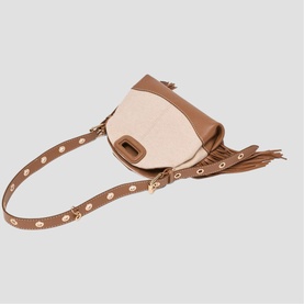 Maje bag in tan and cream canvas with fringe detail, gold-tone eyelet shoulder strap and structured silhouette