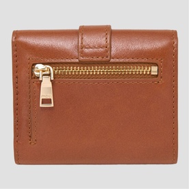 Maje tan leather compact wallet, rear view with gold-tone zip pocket and tab closure