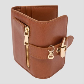 Maje tan leather wallet with gold-tone zip and buckle hardware, showing exterior zip pocket and strap detail.