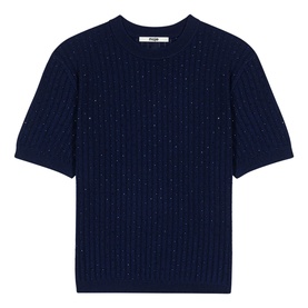 Maje navy blue short-sleeve ribbed knit top with scattered sequin embellishments and crew neck