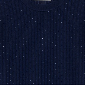 Maje navy ribbed knit top with allover crystal or sequin embellishment detailing, close-up texture view