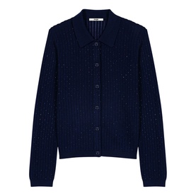 Maje navy blue pointelle-knit cardigan with collar, button-front fastening, and chest pocket detail