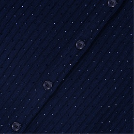 Maje navy blue quilted fabric close-up with scattered crystal embellishments and tonal buttons visible along diagonal stitched pattern