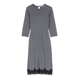 Maje Womens French Dress in red, three-quarter sleeves, crew neck with keyhole back, lace trim hem detail