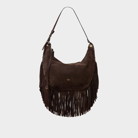 Bash brown suede hobo bag with long fringe trim along front and base, gold-tone hardware, and single shoulder strap