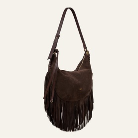 Bash brown suede hobo bag with long fringe detail, adjustable shoulder strap and gold-tone hardware