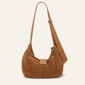 Bash brown suede slouchy hobo shoulder bag with long adjustable strap and tan hardware tab detail