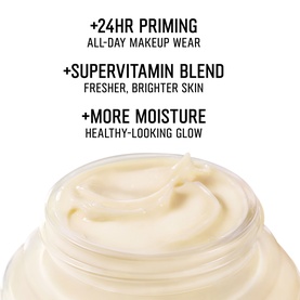 Bobbi Brown Vitamin Enriched Face Base+ day cream jar, open showing rich cream texture, with 24HR priming and superfood blend claims