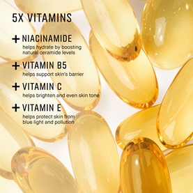 Bobbi Brown Vitamin Enriched Face Base+ ingredient capsules showing 5x vitamins including Niacinamide, B5, C and E