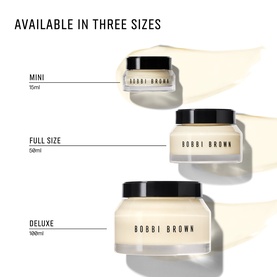 Bobbi Brown Vitamin Enriched Face Base+ moisturiser shown in three jar sizes: Mini 15ml, Full Size 50ml, and Deluxe 100ml.